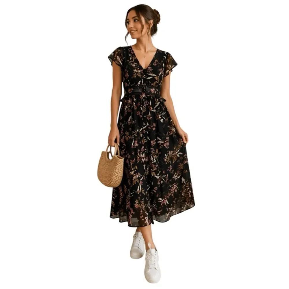 Japna Black Floral Midi Boho Cottagecore Flutter Sleeve Romantic Flowy Dress S